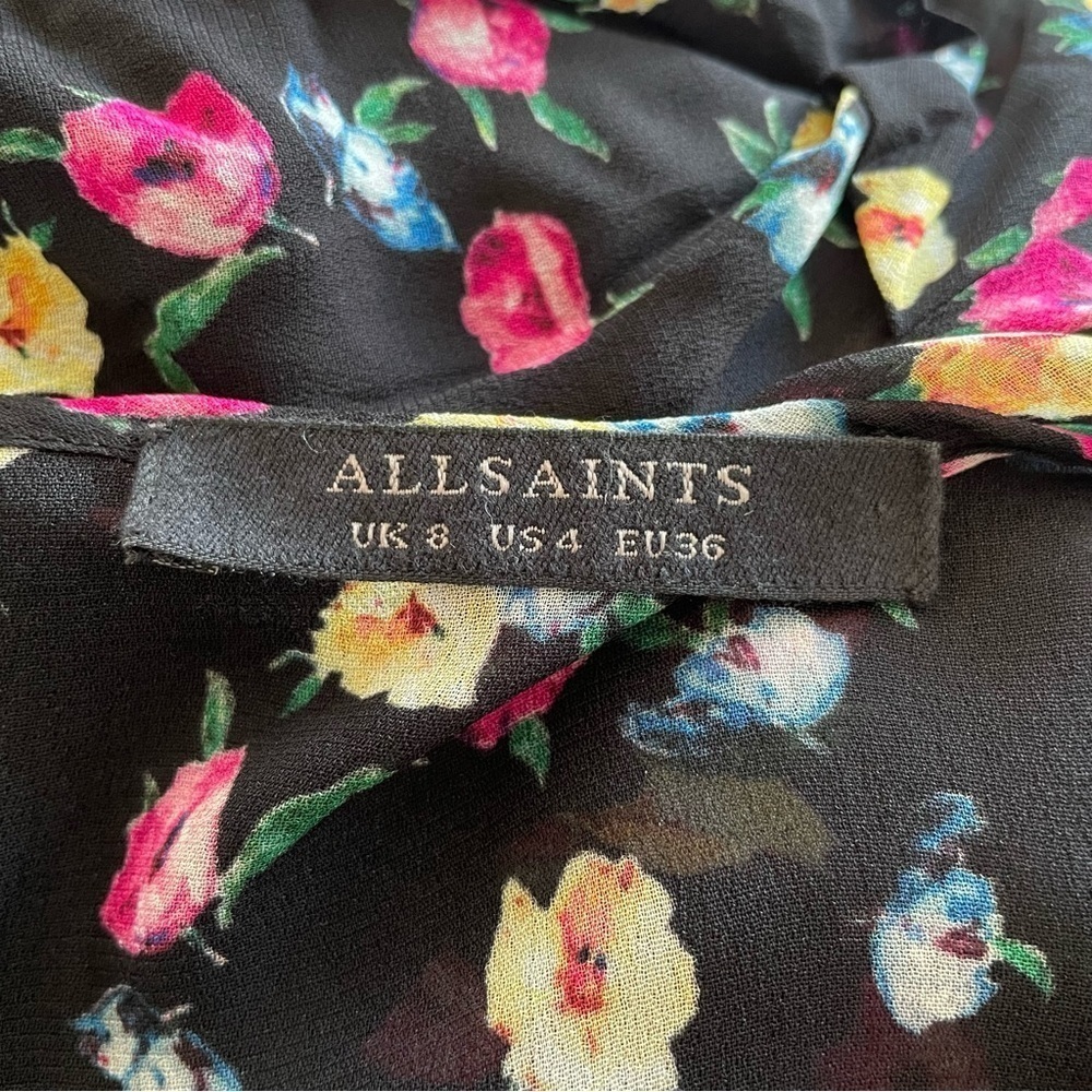 All Saints Allsaints Floral Rylie Kukio Shirred Long Sleeve Mini Dress EUC Sz 4 - Picture 11 of 12